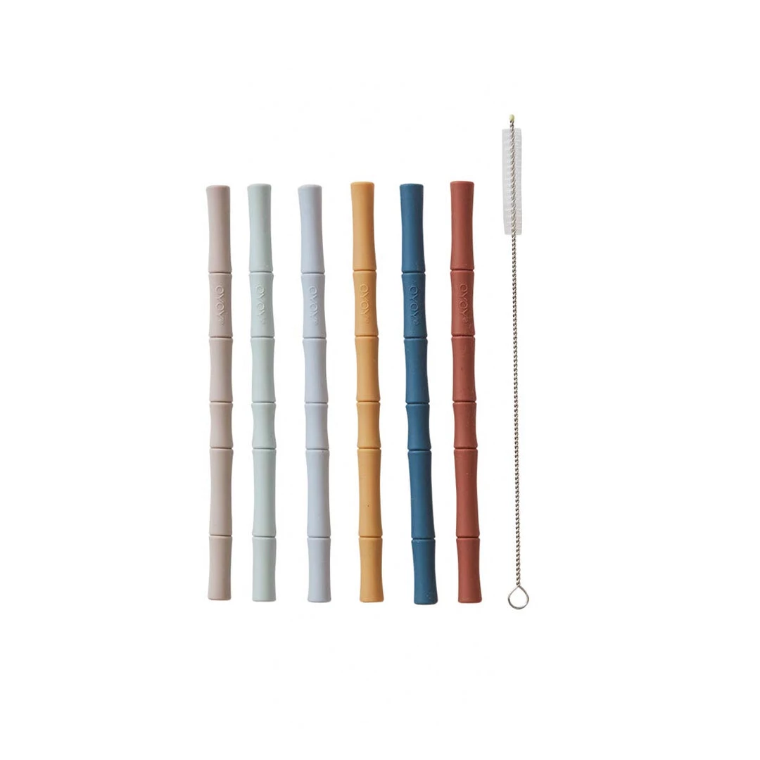 OYOY MINI NOW IN STOCK Bamboo Silicone Straw - Pack Of 6 - Caramel / Blue